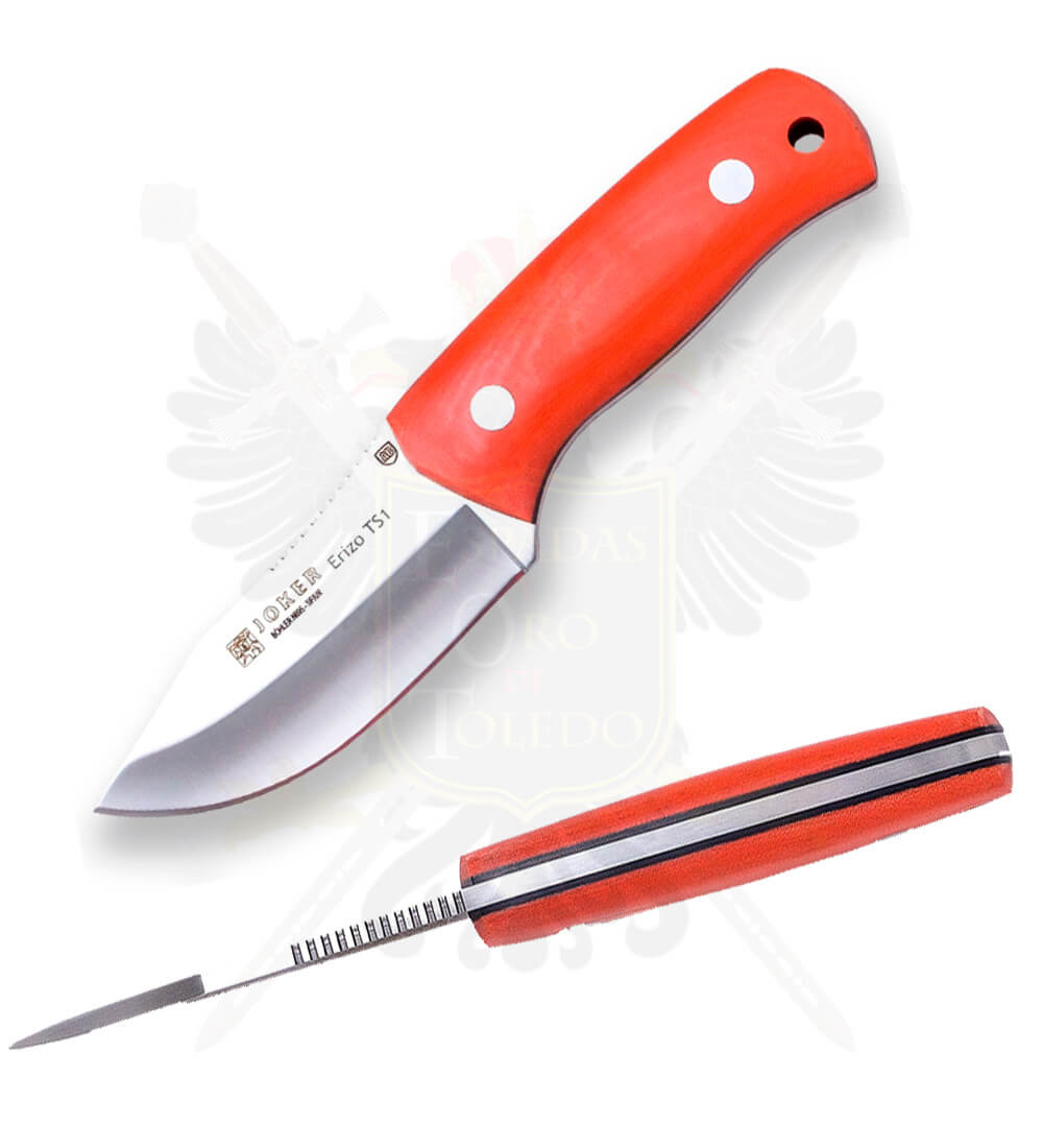 Cuchillo desollador “Erizo” TS1 Joker , hoja de 7,5 cm, mango Canvas Micarta Naranja, funda de cuero negro - Imagen 2