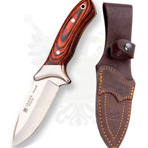 Cuchillo desollador Joker “Venado” cachas en madera roja y hoja MOVA de 10,5 cm, con funda de cuero, con virola inox